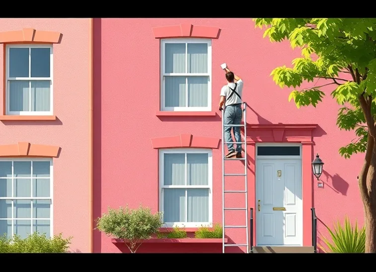 Peintre sur échafaudage traitant la façade d'une maison